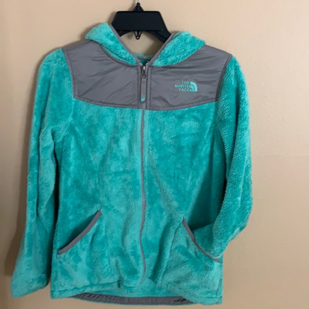 North Face Girls Full Zip Fleece Mint Green Jacket with Hood size Large